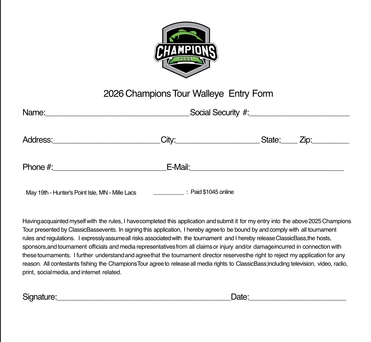 AVAILABLE 3/16 - 2026 Champions Tour Mille Lacs - Walleye